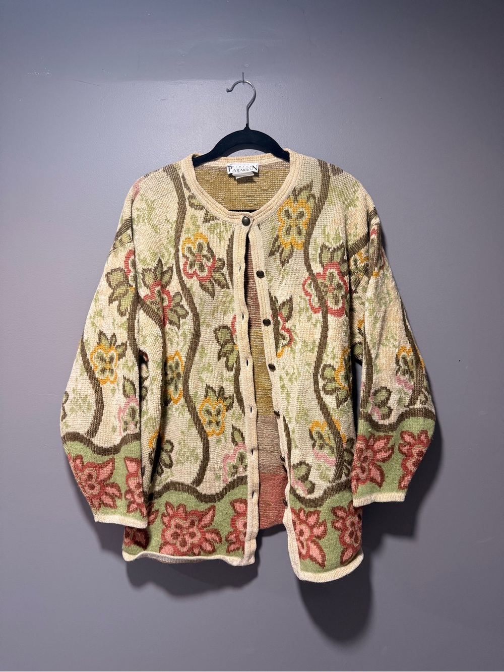 Vintage French Didier Parakian Front Cardigan with Pink & Green Accents
